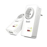 AVM FRITZ!Powerline 1220 Set International - Adaptador/Extensor de Red por línea eléctrica, PLC, Compatible HomePlug AV2, IEEE P1901, 1200 Mbps, 2 Puertos LAN Gigabit, Toma de Corriente integrada